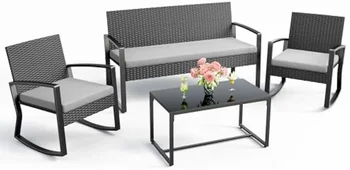 Wicker Patio Furniture with Glass Coffee Table, Rocking Wicker Bistro Set, for Backyard, Poolside, Porch (Grey)