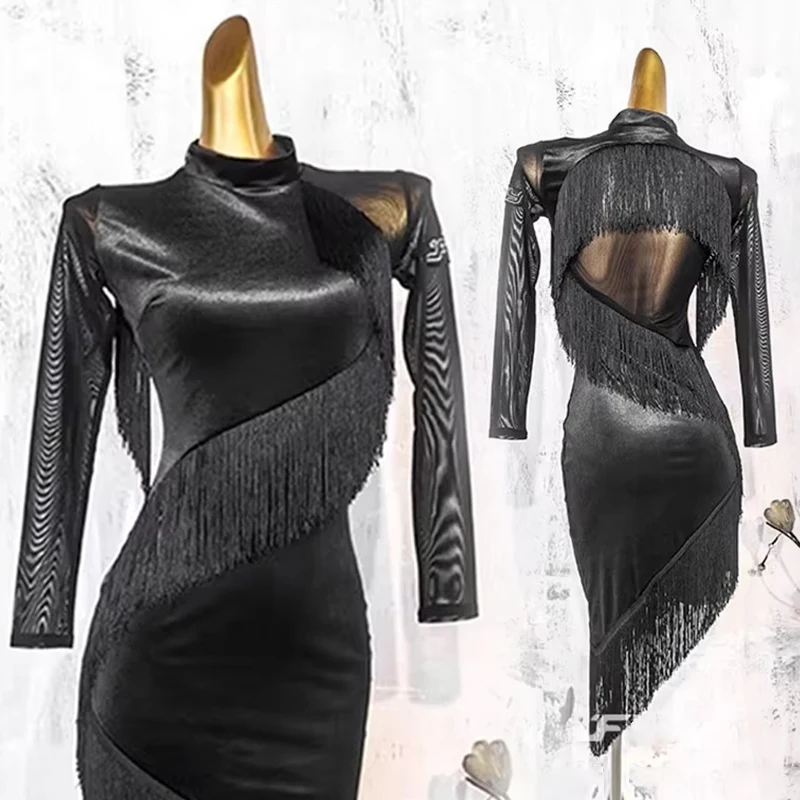 

Женское платье с бахромой для латинских танцев, стандартный наряд для танго, бархатные танцевальные платья с длинными рукавами, сценическое шоу, латинское платье 4327