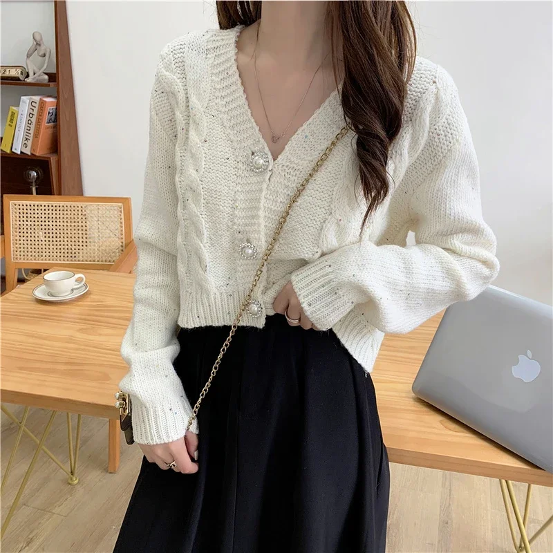 HELIAR Pearl Buttons Cardigan Women Sweet Long Sleeve Cropped Elegant Knitted Sweaters Coat Korean Long Sleeve White Cardigan