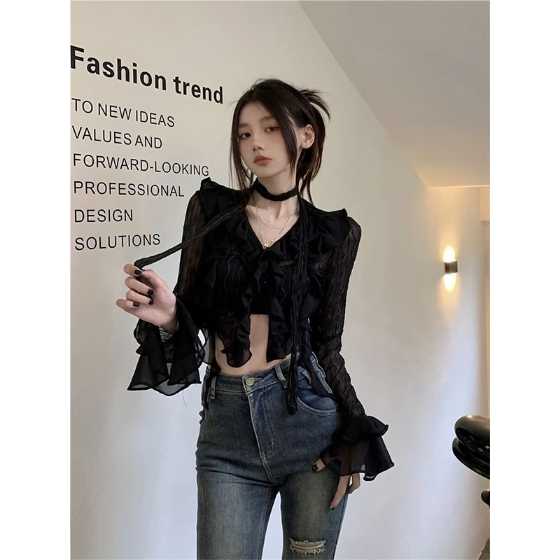 Y2K Cropped Lace Shirts Women Sexy Black V Neck Mesh Sheer Blouses Summer Gothic Vintage Irregular Long Sleeve Cardigan Tops New