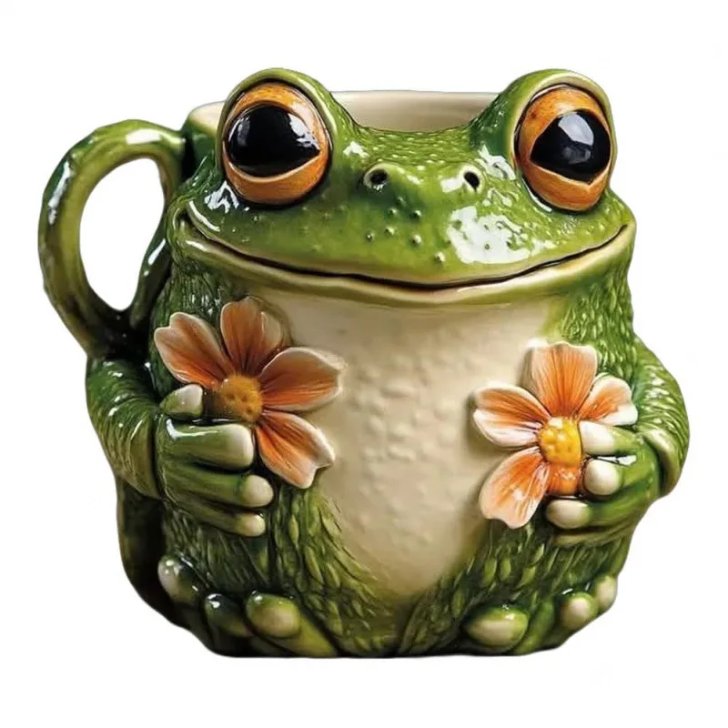 Niedliche Frosch-Blumen-Tasse 3D Geprägte Tier-Teetasse Einzigartiges Geschenk für Freunde Kinder Büro Zuhause Trinkgeschirr mit Amphibien-Motiv