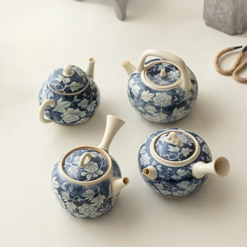 Soda Glaze Yuan Dynasty Blue and White Teapot Ceramic Side Handle Pot Open Piece Can Raise Beam Pot KungFu TeaSet Gift Tea Items