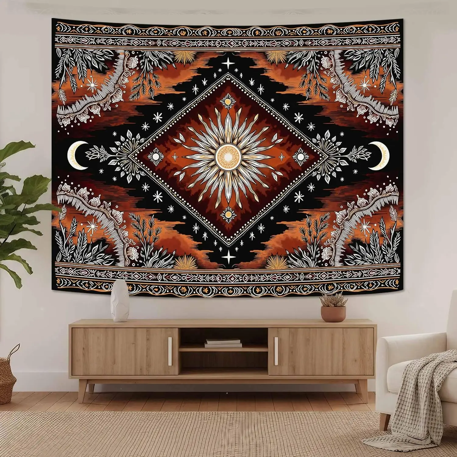 Bohemian Moroccan Tapestry Wall Hanging Ethnic Boho Style Sun Moon Celestial Geometric Decor Art for Living Room Home Accent