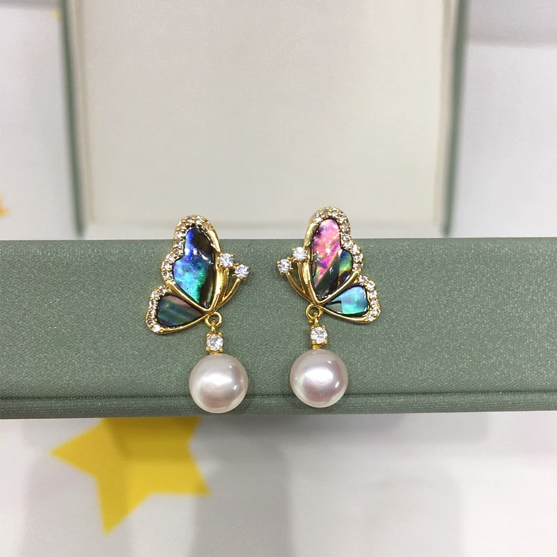 ZHBORUINI 2024 Natural Freshwater Pearl Earrings Colorful Abalone Shells Dynamic Pearls 14K Gold-Plated S925 Pure Silver Needles