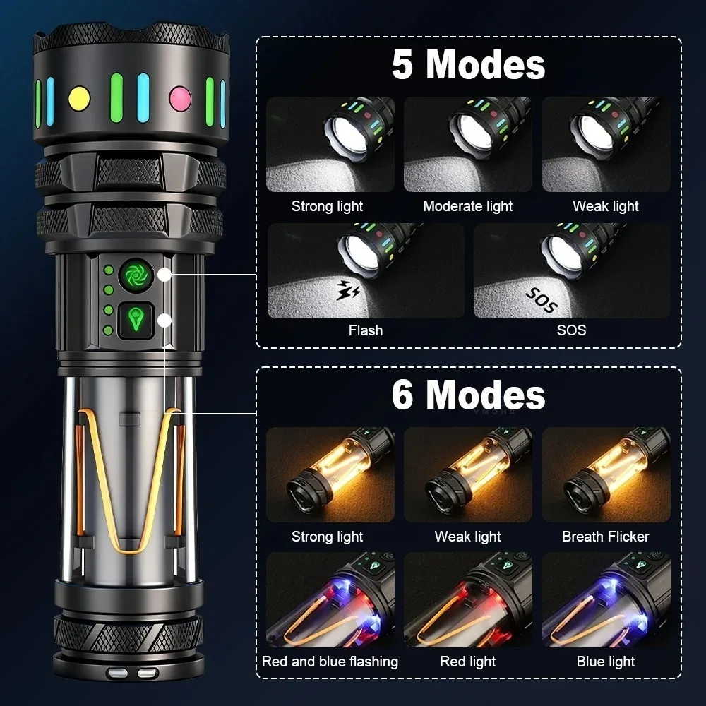 High Power LED Flashlight 21700 Battery Type C Rechargeable Tactical Zoomable Work Lamp Waterproof Hiking Camping Lantern
