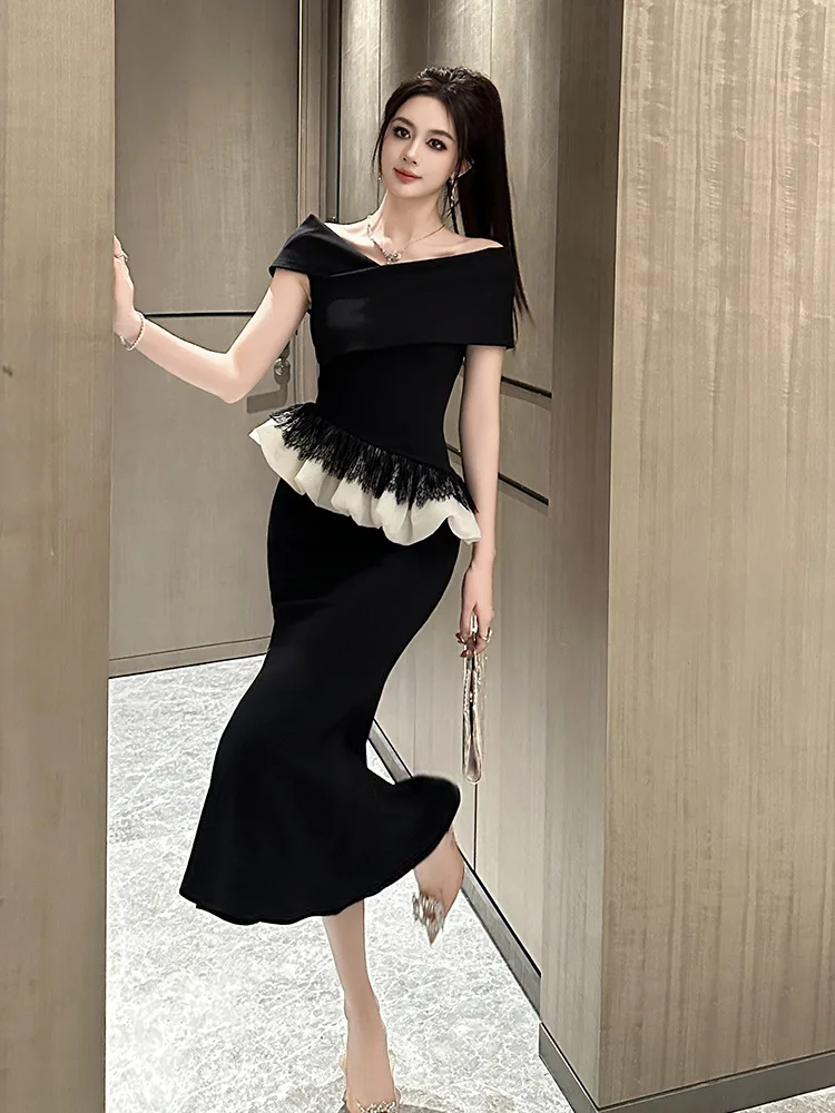 A-Leibniz Damenkleid, schwarzes Kleid, Arbeitskleid, formelles Party-Abendkleid, Hochzeitsbankettkleid 45099