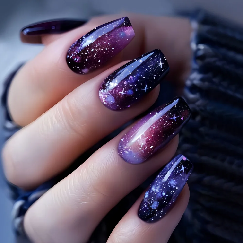 

Medium long fake nails for women girls gradient red purple blue starry star night sky design Square ballet tips press on nail