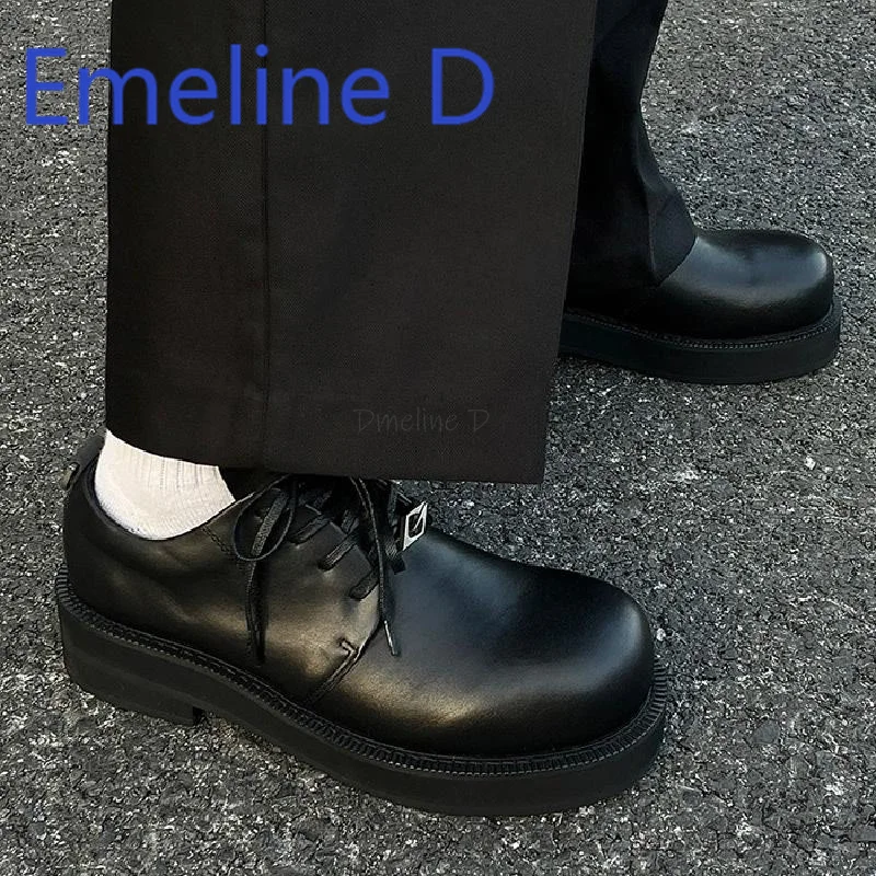 

Big Head Derby Shoes for Both Men and Women British Style Black Round Toe Thick Soled High Rise Casual Flat Leather Shoes
