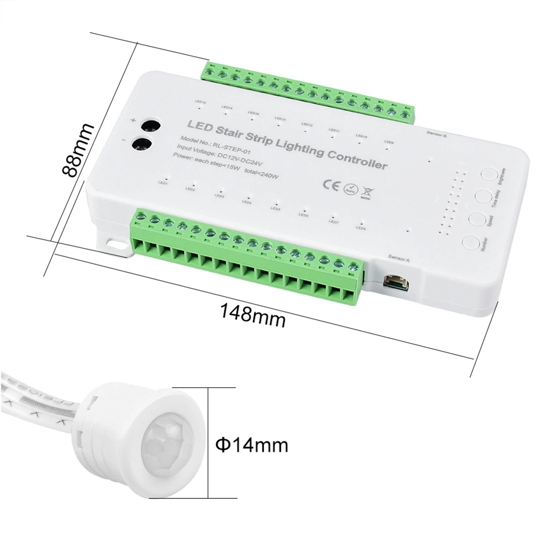 Controller LED per scale dimmerabile 16 canali Dual PIR Motion Sensor Step Light Strip controllo scala per striscia lampada (A)