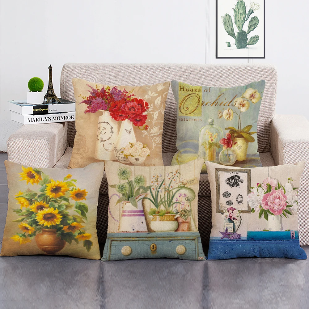 

Romantic Love Flower Decorative Cushion Cover Retro Vase Print Throw Pillow Case Fresh Home Decor