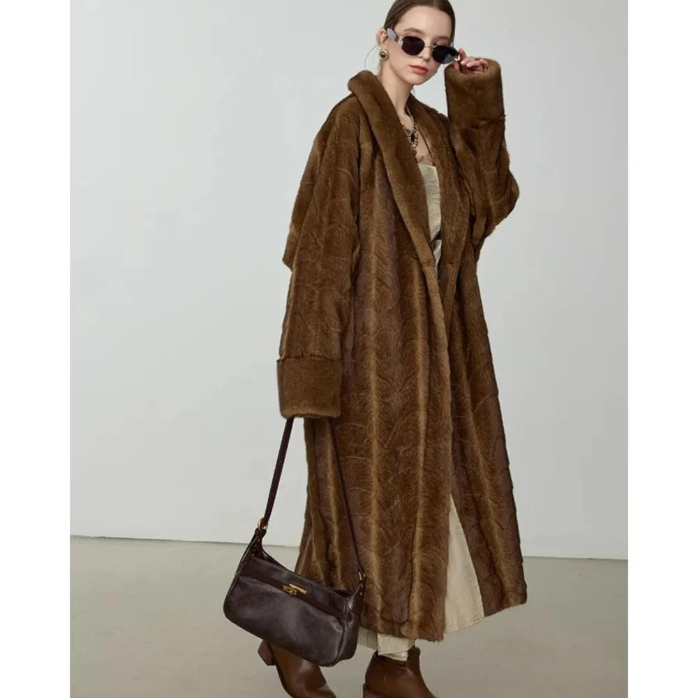 Winter Retro Sjaalkraag Open Stiksels Vleermuis Mouw Gradiënt Koffie Faux Nertsen Bontjas Vrouwen Oversized Losse Warme Lange Bovenkleding