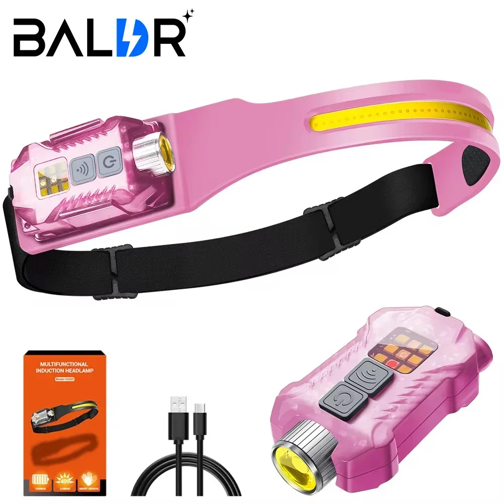 BALDR XW005 PINK LED Sensor Headlamp USB C Rechargable Head Flashlight Headlight LED COB Work Light with Tail Magnet UV Light