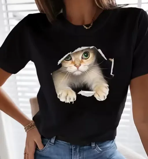 

Women's T-Shirt Cute Cat Print Crew Neck T-Shirt Vintage T Shirt Clothes Female Tshirt Y2K Top Short Sleeve T-shirt Casual Tee