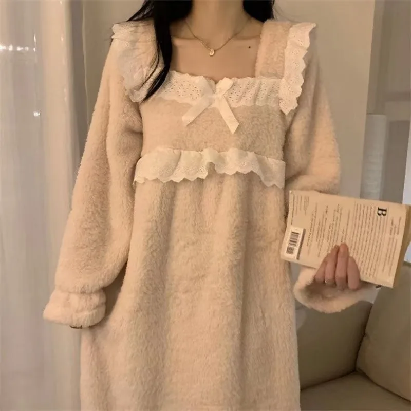 Lace Women Nightgown Korean Sleepwear Fleece Winter Night Dress Knee Length One Piece Pajama Square Collar Warm Ruffle Home Wear