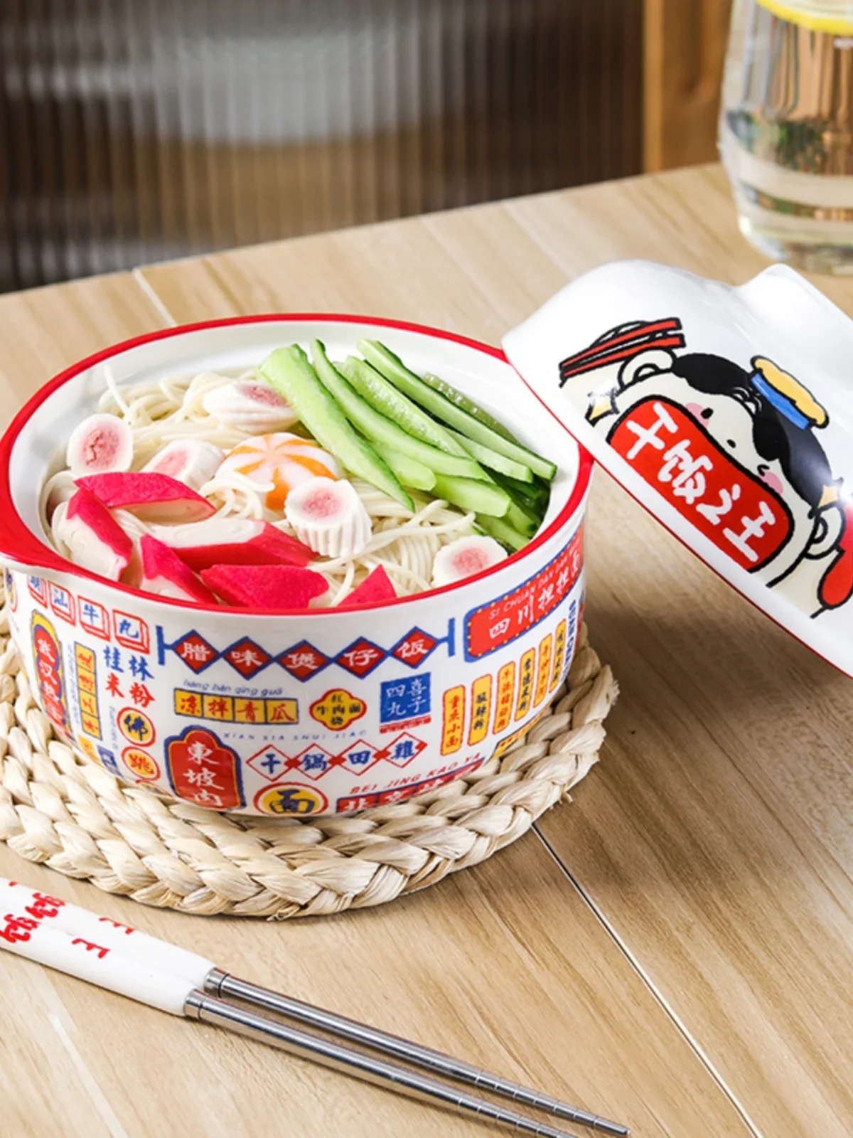 Super Large Size Ceramic Soup Bowl with Lid for Instant Noodles Rice Lunch Box Home Dormitory Student Meal Time Cute Bowl