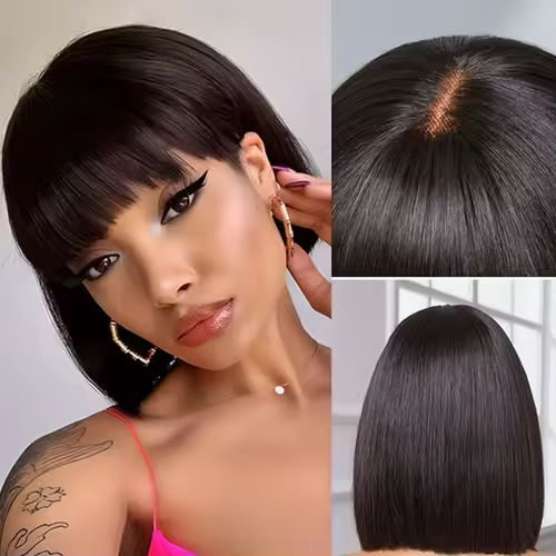 Brazilian Straight Bob Lace Wigs Glueless Straight Human Hair Wigs With Bangs Fringe Middle Part Bob Lace Wigs Realistic Scalp - Image 2