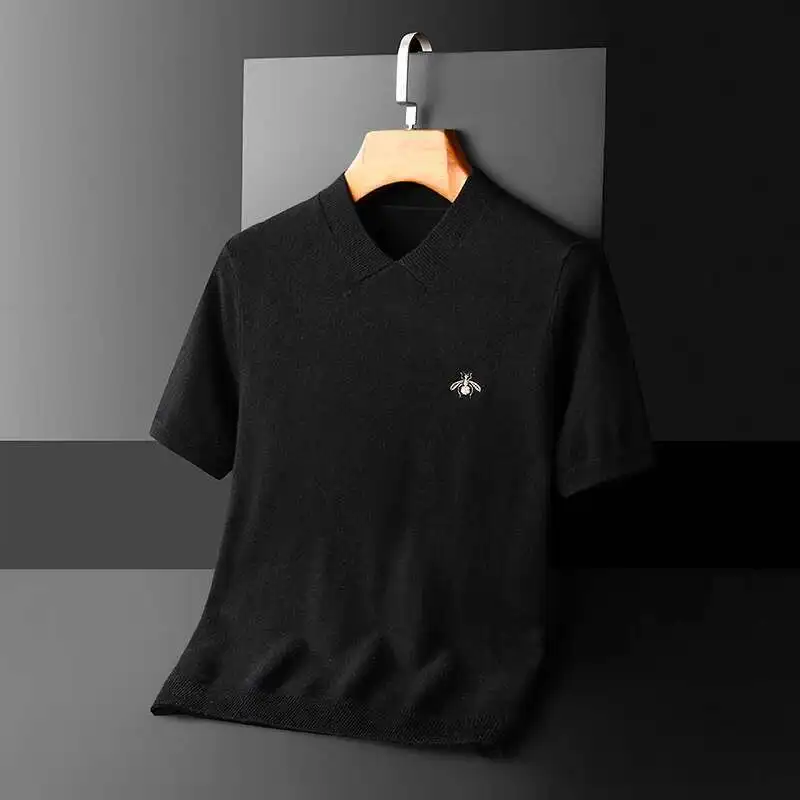 High Quality Solid Simple Knitted Wool T-shirt 2024 FALL Short Sleeve Casual T-Shirt Business Social V-neck Tops Tees Streetwear