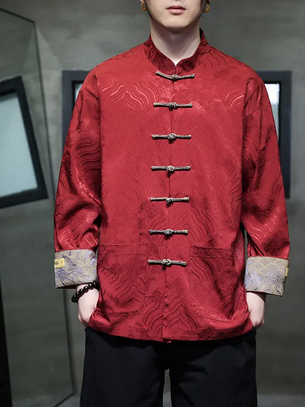 

Красная мужская рубашка с длинным рукавом в новом китайском стиле, костюм Тан, Ханьфу, с вышитыми манжетами, куртка Чжуншань, весенняя модная мужская рубашка