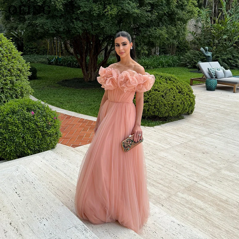 

OEING Elegant A-Line Prom Dress Princess 3D Flowers Pink Tulle Draped Floor Length Gala Party Puffy Dress vestidos Customized
