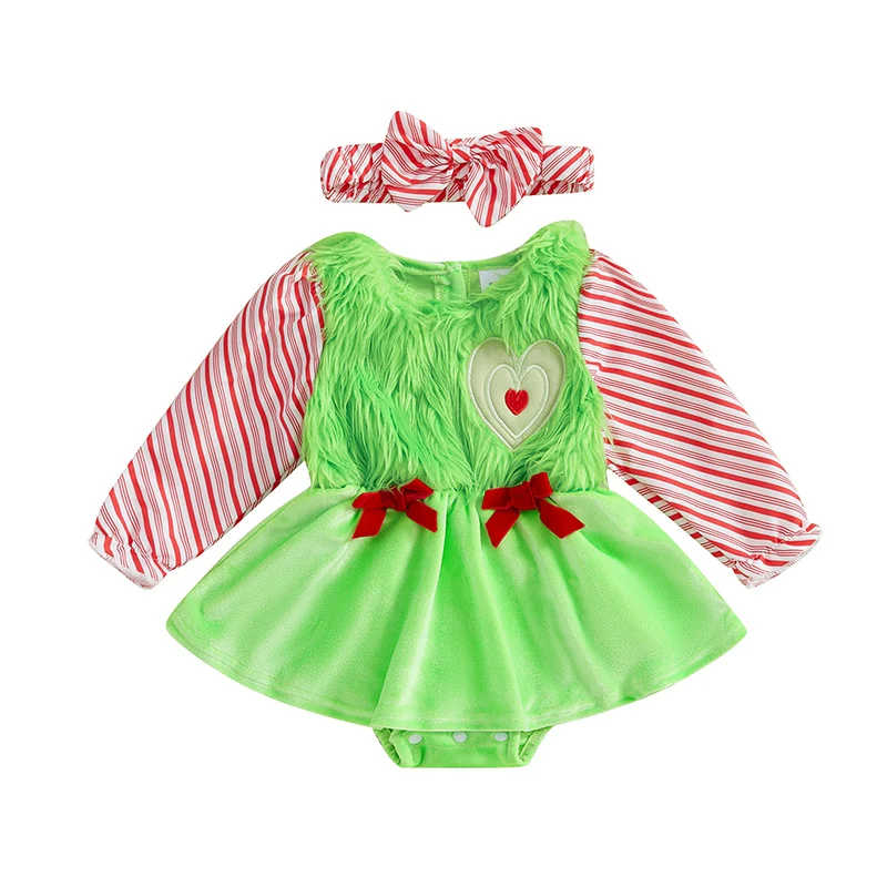 Baby Girl Christmas Romper Dress Stripe Long Sleeve Fuzzy Patchwork Jumpsuit with Bow Hedband