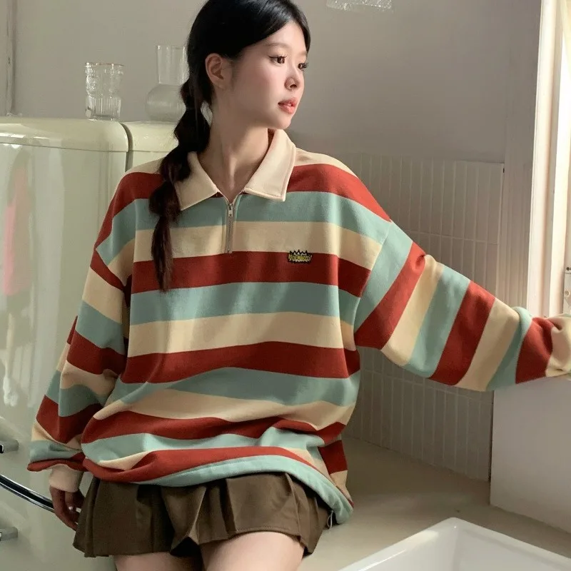 Neploe Retro Sweet Rainbow Striped Sweatshirts Mujer E-Girl Lapel Neck Zipper Tops Women Y2k All-match Long Sleeve Sweatshirt