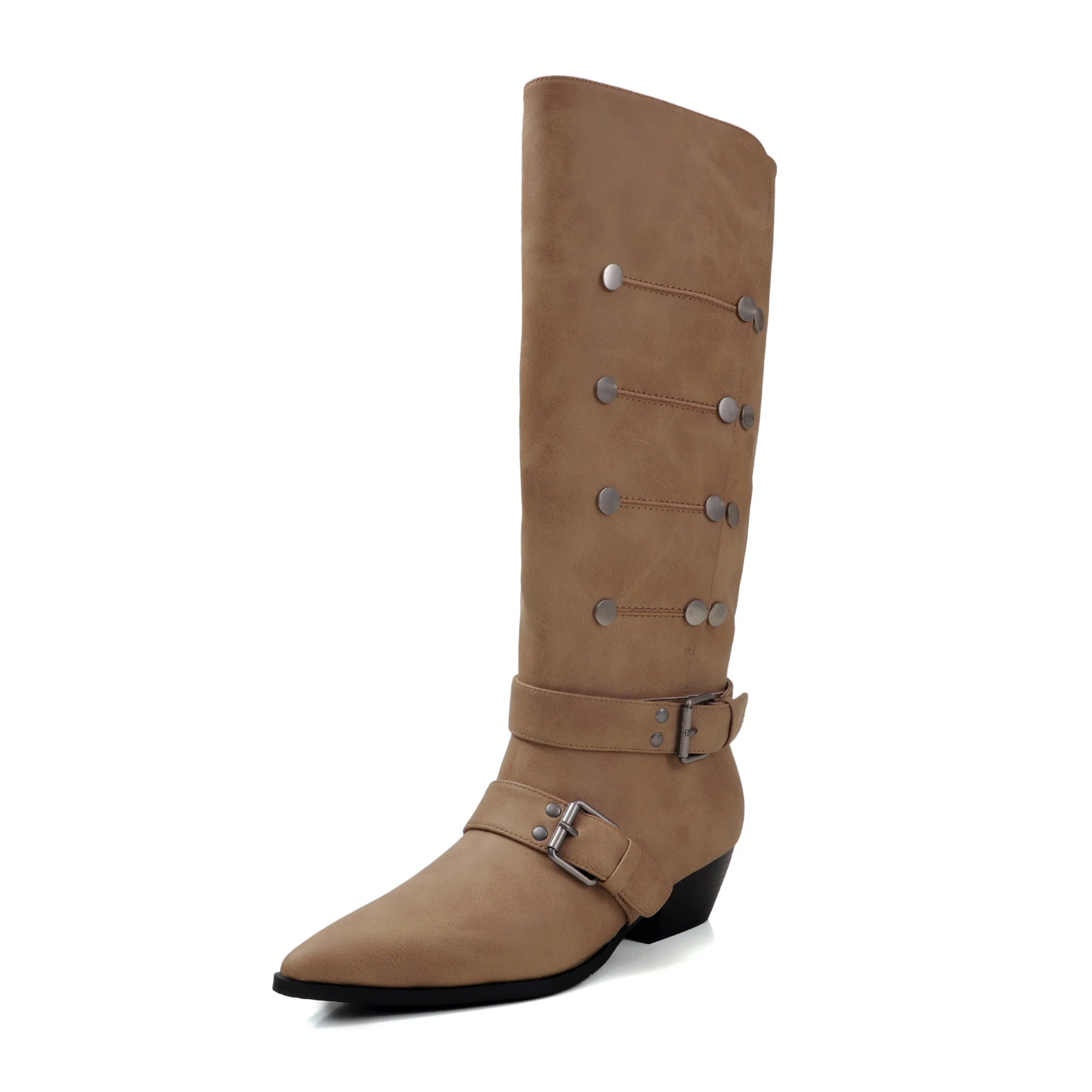 Genuine Leather Mid Calf Boots Retro Knee High Boots,Classic Women Boots,Knight Boots,Modern Boots,Rivet Womens Shoes