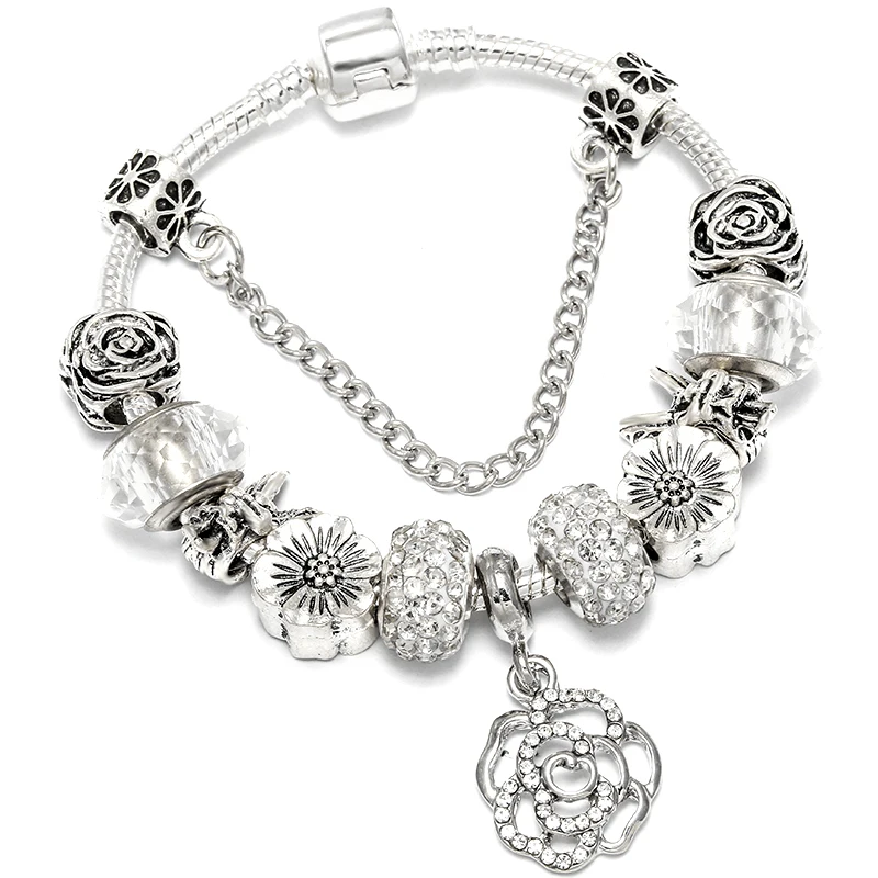 Fashion Crystal Flowers Dangle Beaded Bracelets For Women DIY Angels Owl Bear Beads Charm Bracelets
