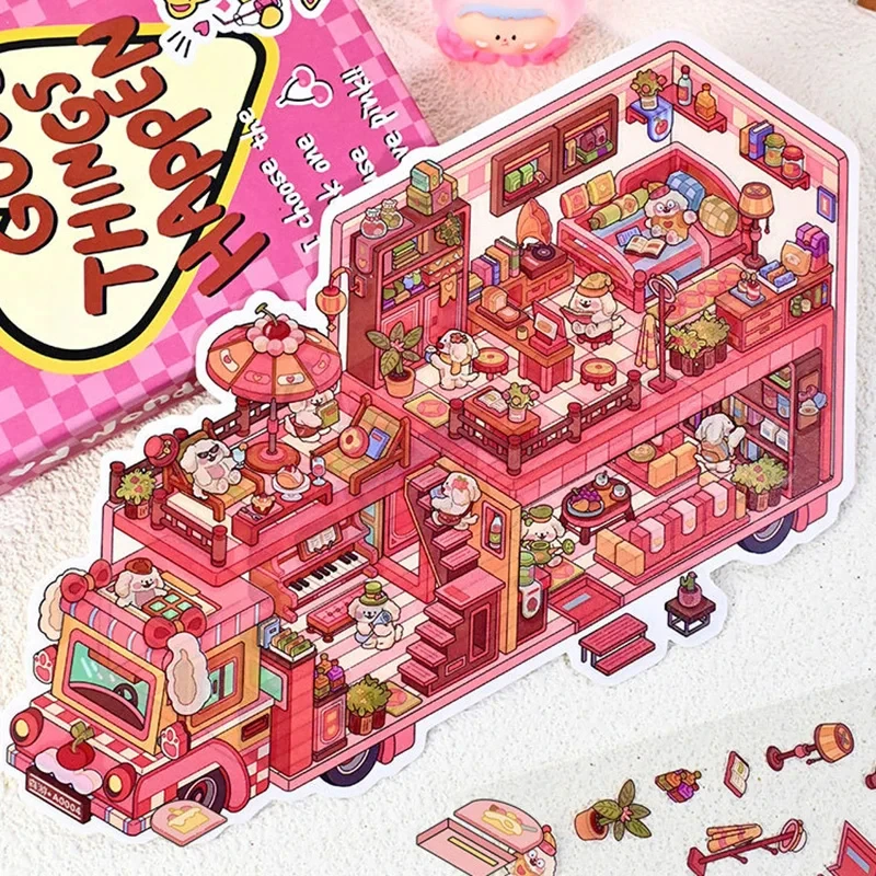 طفل الأطفال لطيف الكرتون RV المشهد اليدوية ملصقات صناعة يدوية البطريق الكلب الحيوان الملصقات مصغرة المشهد ملصق الضغط