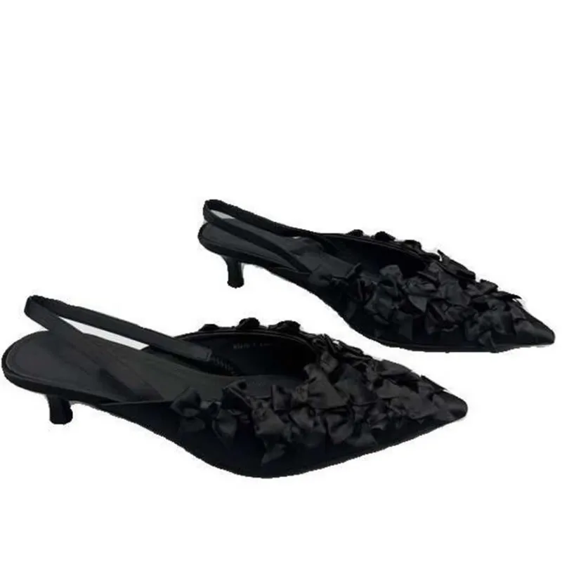 Sexy Women Bow Sandals Fashion Pointed Toe Slingback Shoes 2024 Summer New Low Heels Slides Elegant Dress Women Pumps Slipeprs