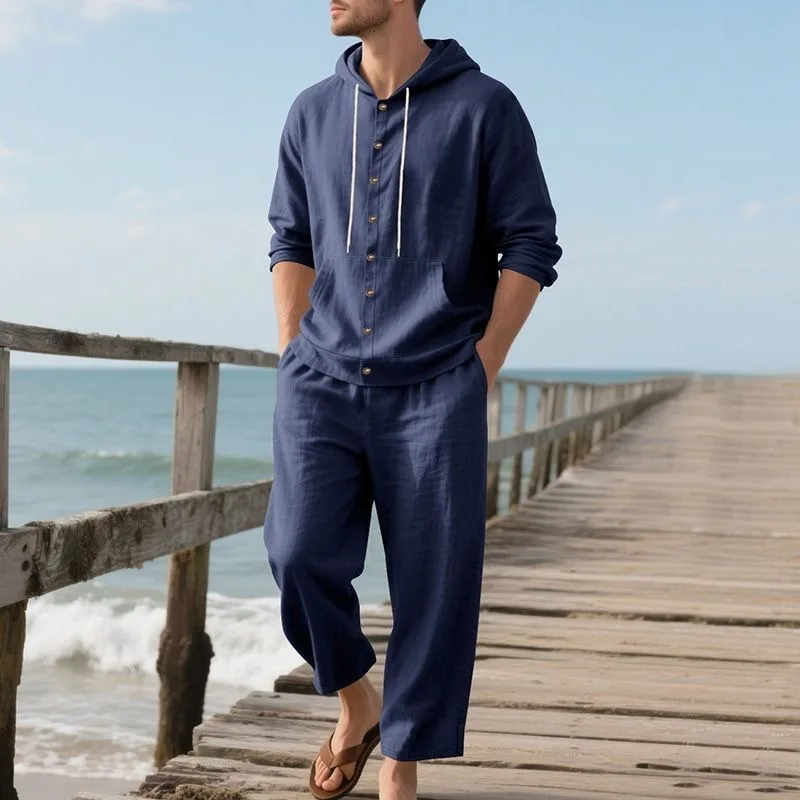 Men's Linen Beach Set Summer Casual Hooded Shirt & Pants 2 Piece Suit Breathable Loose Holiday Outfit Solid Color Vacation Wear