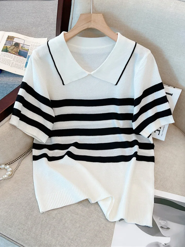 Stripe Color Polo Collar Sweater Women\' Thin Loose Underlay Short Sleeve Gentle Style Knitwear Pullover Mujer Top Summer New