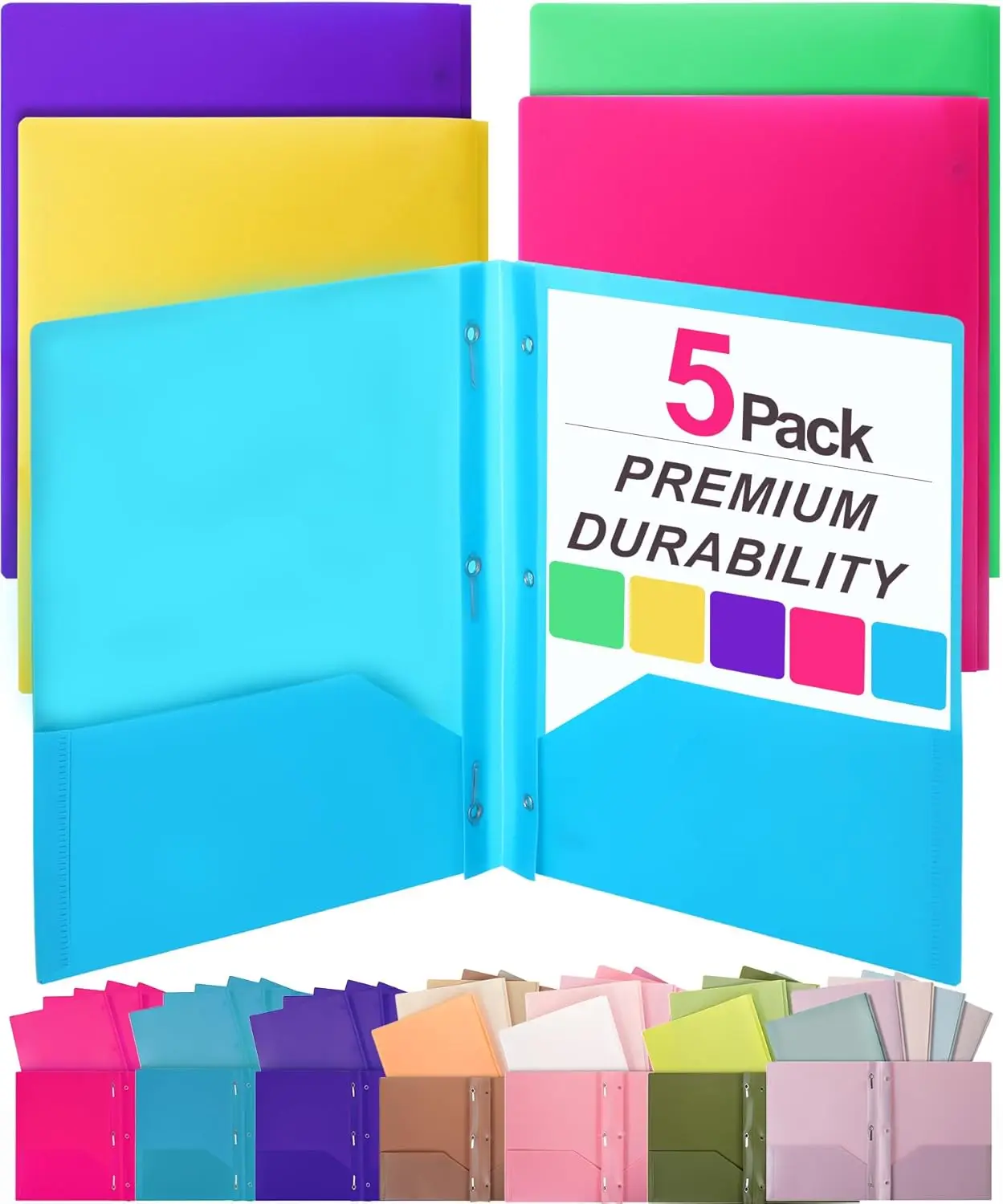 

5-Pack Letter-Size Plastic Folders with Pockets and Prongs, Flexible and Durable for School or Office