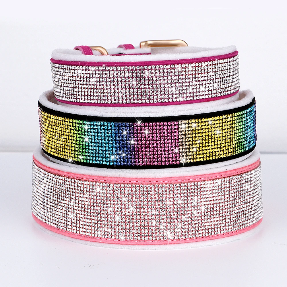 Bling Rhinestone Dog Collar Wide Soft Padded Collars Comfortable Suede Crystal Necklace For Small Large Dogs Pet French Bulldog