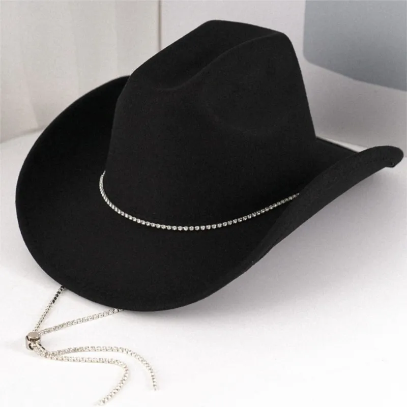 

Dark sweet and cool woolen wide-brimmed hat with silver chain decoration a street fashion top