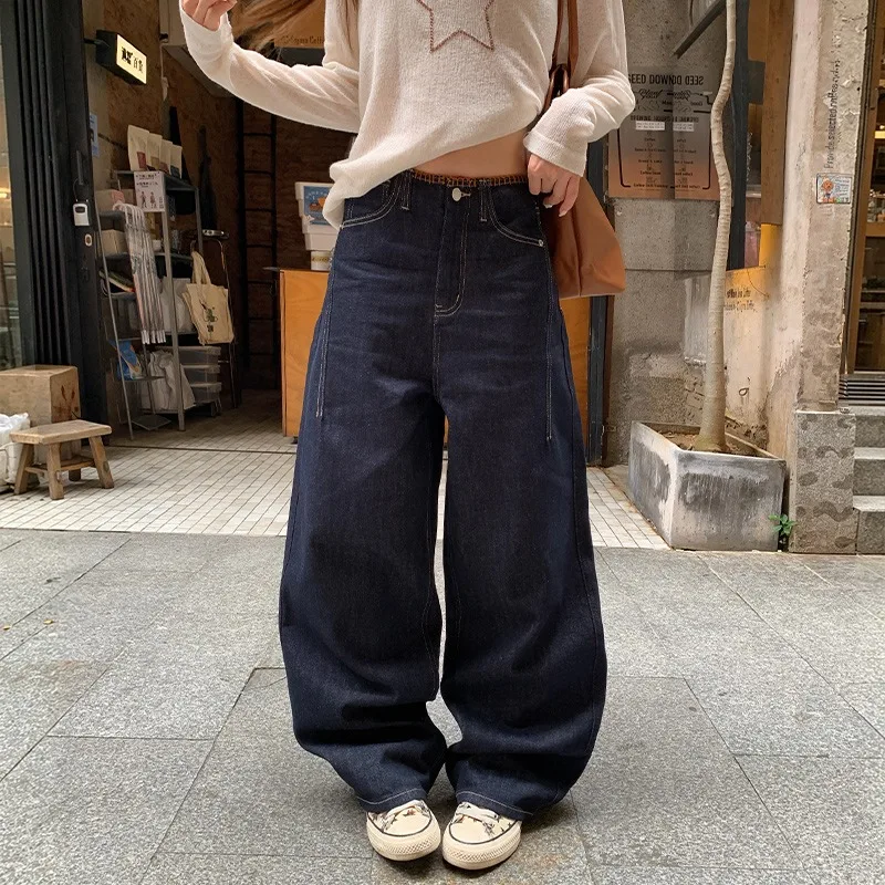 2026 New Womens Straight Denim Jeans Without Waistband Contrast Topstitch Hand Sewn Waist Edge Slim Casual Trousers