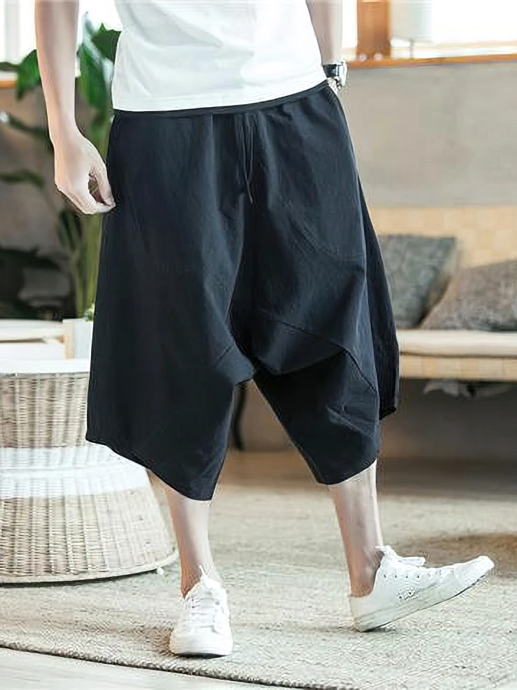 Summer Thin Beach Cotton Linen Casual Shorts Men Japenese Wide Leg Baggy Capris Pants Male Sport Running Shorts 2025 New