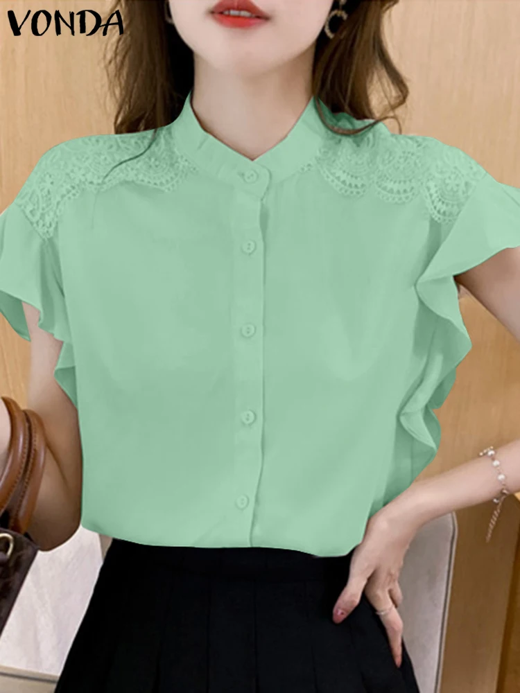 

Women Elegant Fashion Shirts 2024 VONDA Summer Short Sleeve Ruffled Lace Tops Casual Loose Solid Color Tunic Blusas Femininas