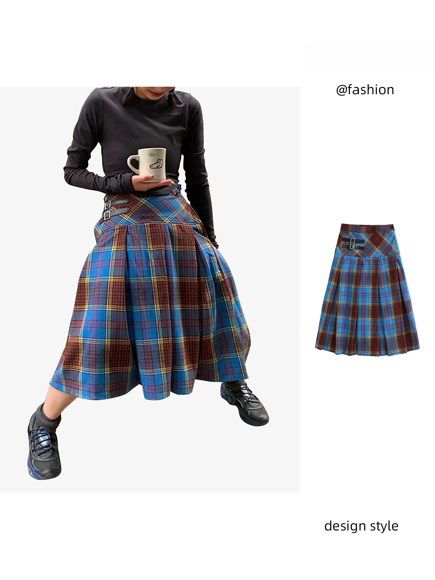 

Красно-синяя клетчатая юбка-миди с высокой талией, винтажный дизайн, юбки для девочек, юбки трапециевидной формы, повседневная одежда, застежка-молния, приятная для студентов