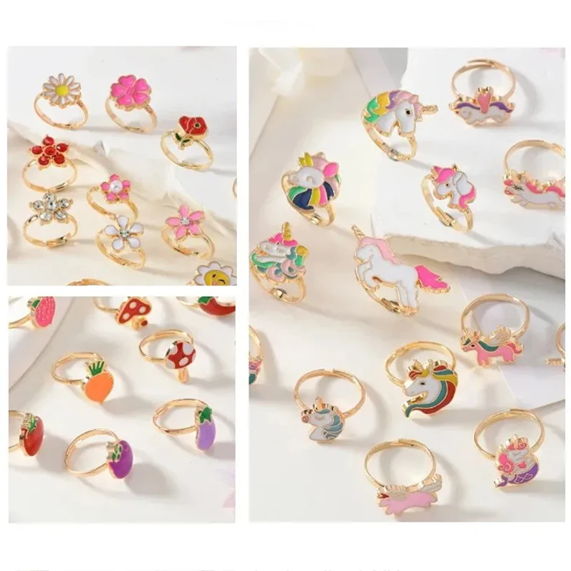 Crianças anéis ajustáveis com mini caixa fingir jogar brinquedo crianças presentes de aniversário maquiagem brinquedos bonito dos desenhos animados jóias liga anel tmz