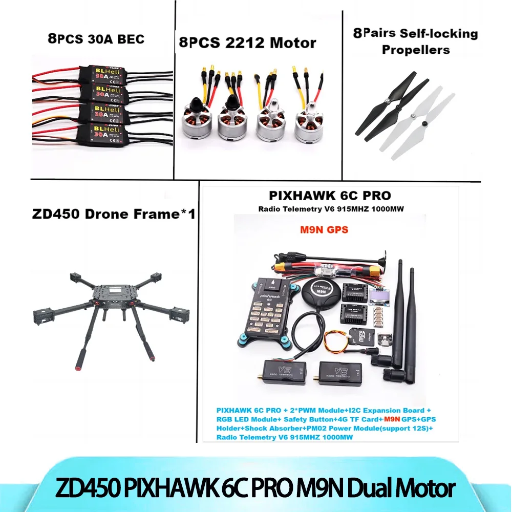 

F450 Pixhawk 6C PRO M9N Dual Motor Flight Fiberframe Kit Ardupilot 100Mw Radio Telemetry Quadcopter Blheli 20A 2212 Motor Esc