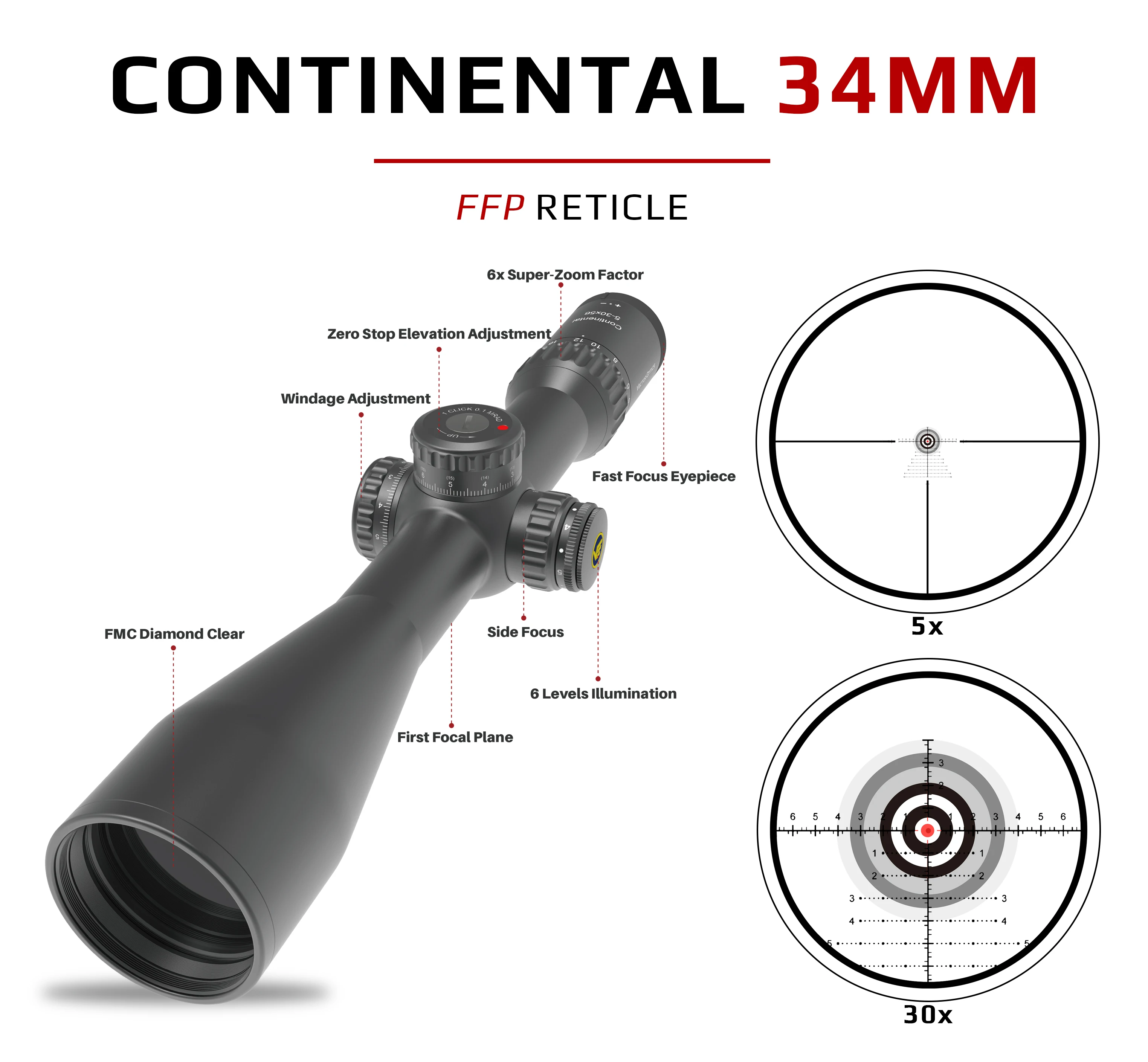 Vector Optics 34mm Continental 5-30x56 HD FFP Hunting Riflescopes Tactical Rifle Scope 1/10MIL Zero Stop .338 Long Range Precise