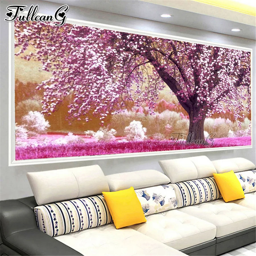 pink cherry tree diy 5d diamond painting large cross stitch pictures mosaic embroidery landscape needlework home decor AA3314