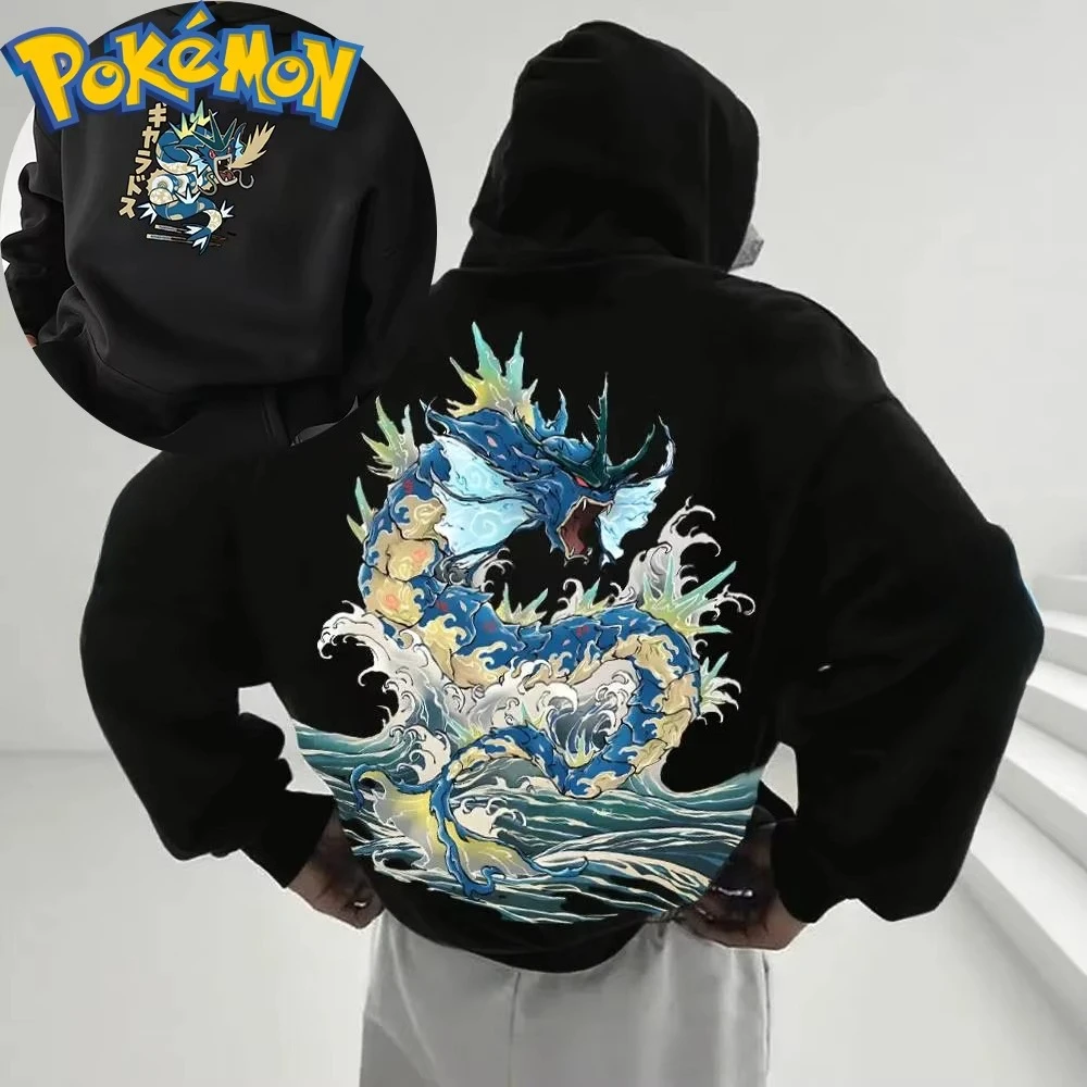 

Черная хлопковая толстовка с принтом на спине в виде Гиарадо, японским волновым узором и сине-зелеными чешуйками, с длинными рукавами, в стиле стритвир