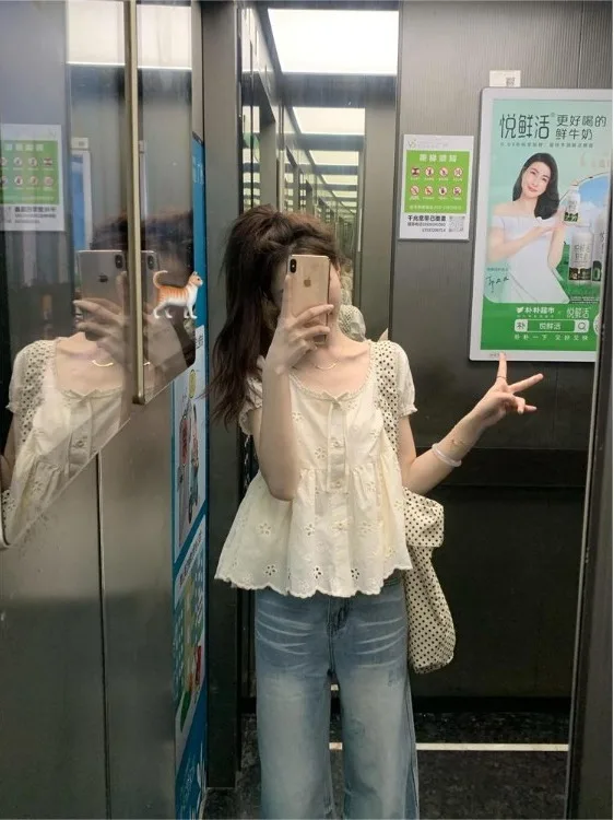 

Summer 2026 Sweet Loose Cotton Shirt Short Sleeve round Neck Hollow out Design Korean Style Women's Fashion Casual Top