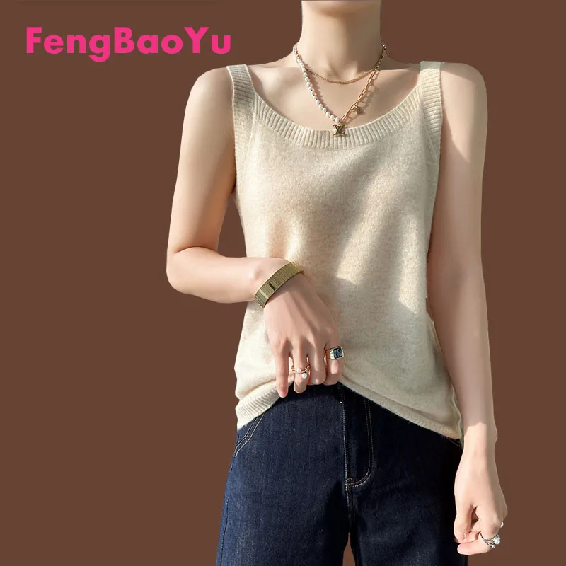 Fengbaoyu Autumn Winter Ladies 100% Pure Cashmere Halter Vest Crewneck Delicate Slimming Short Knitted Base Shirt Free Shipping