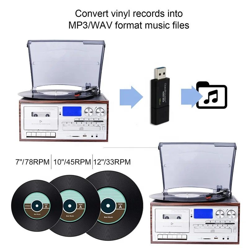 All in One Turntable Player Gramophone Vinyl Record Player With External Speakers AM FM Radio Bluetooth Cassette Play