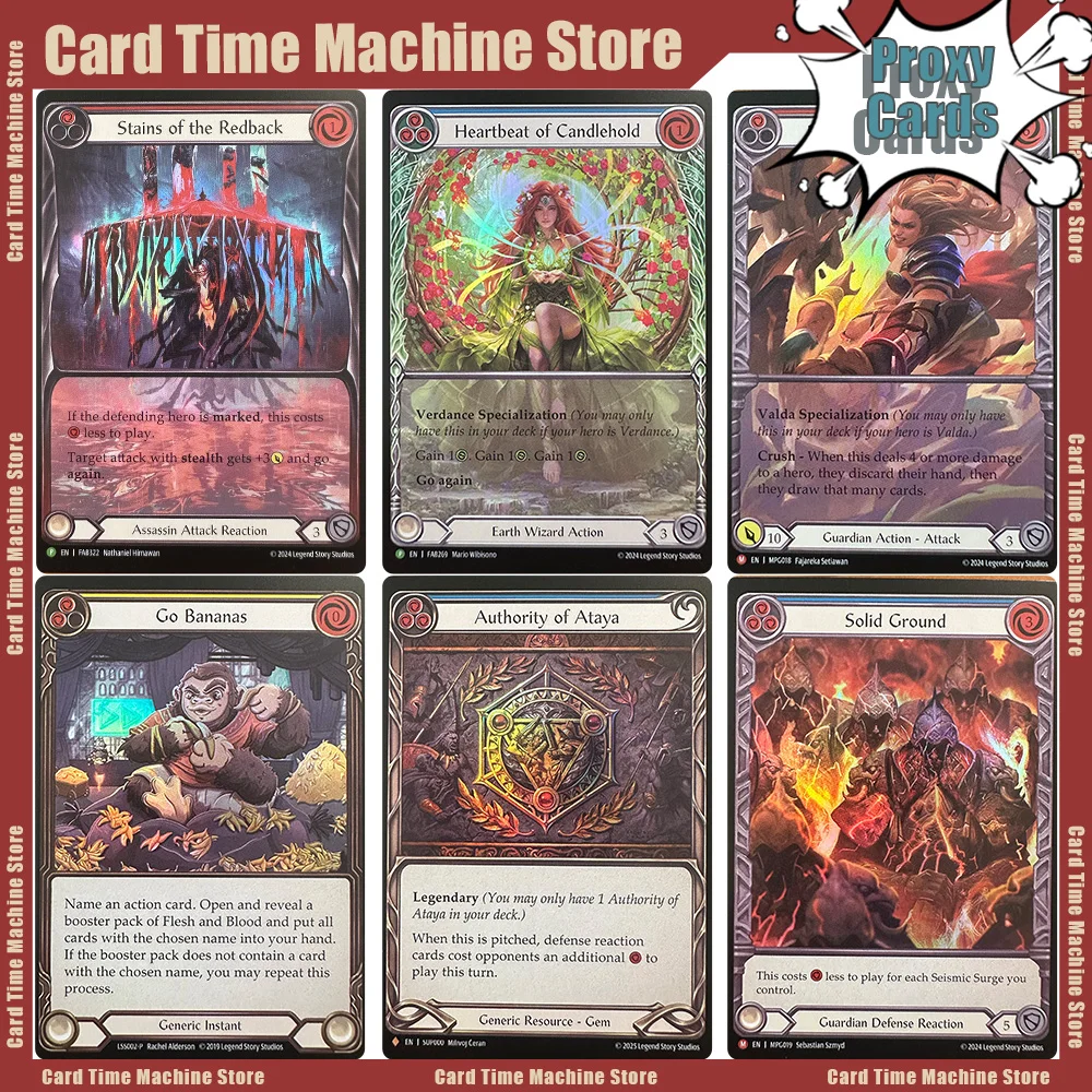 

Карты-прокси Flesh and Blood (Филс энд Блад) FOIL TCG: Authority of Ataya, Chostly Visit, Glyph Overlay, Go Bananas, Heartbeat of Candlehold — игрушка-подарок