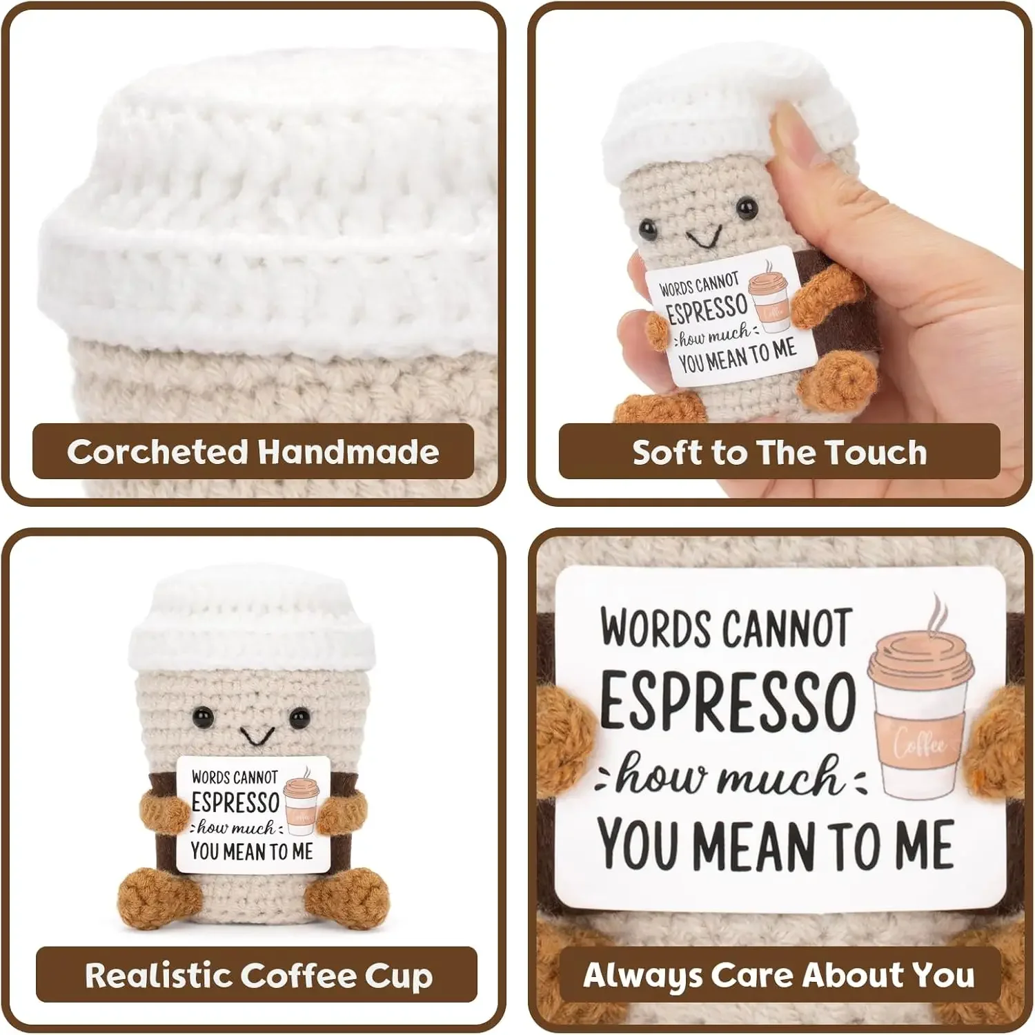 Funny Crochet Emotional Support Coffee Doll With Card Desktop Ornament Handmade Knitted Coffee Dolls Christmas Gifts Home Decor 2