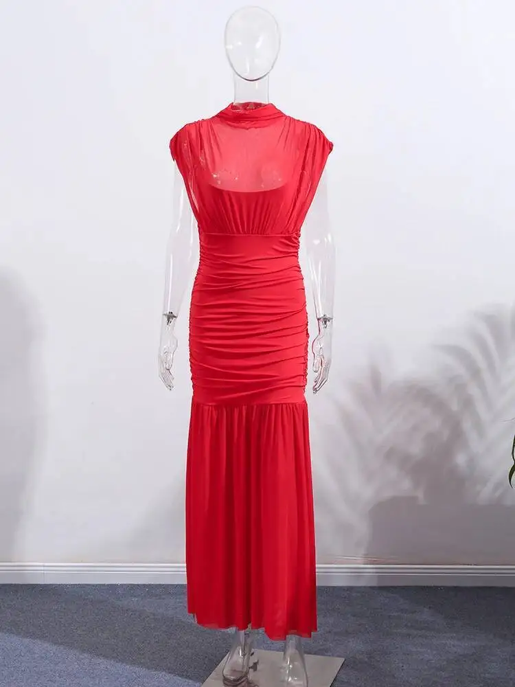 فساتين طويلة أنيقة للحفلات المسائية بطيات حمراء أنيقة بأكمام طويلة فستان ماكسي شبكي مرقع للنساء لقضاء العطلات الصيفية على الشاطئ WR8N