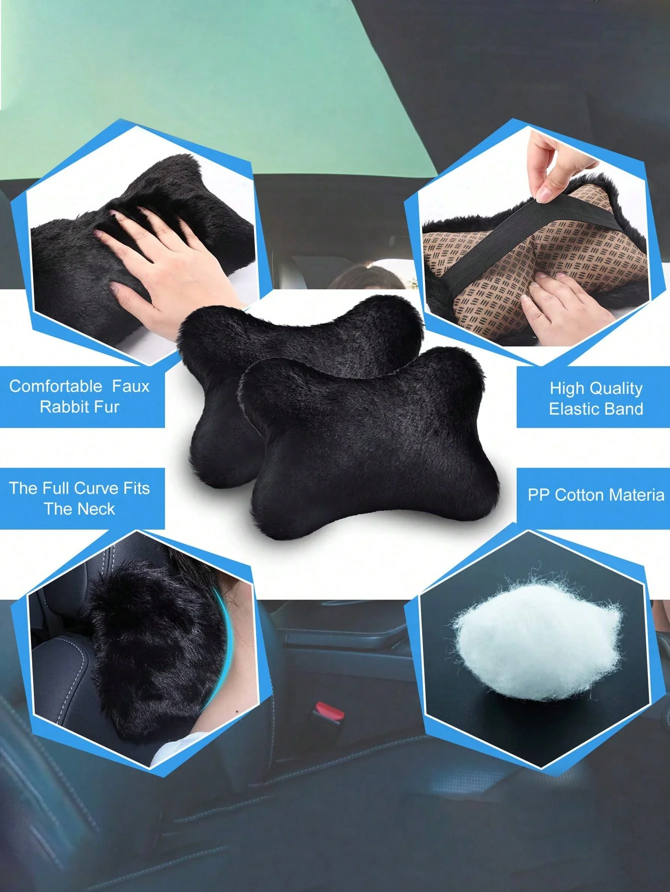 플러시 인조 토끼털 자동차 헤드레스트 베개 – 부드러운 목 지지 쿠션, 앞좌석 및 뒷좌석에 모두 적합, 고급스러운 편안함